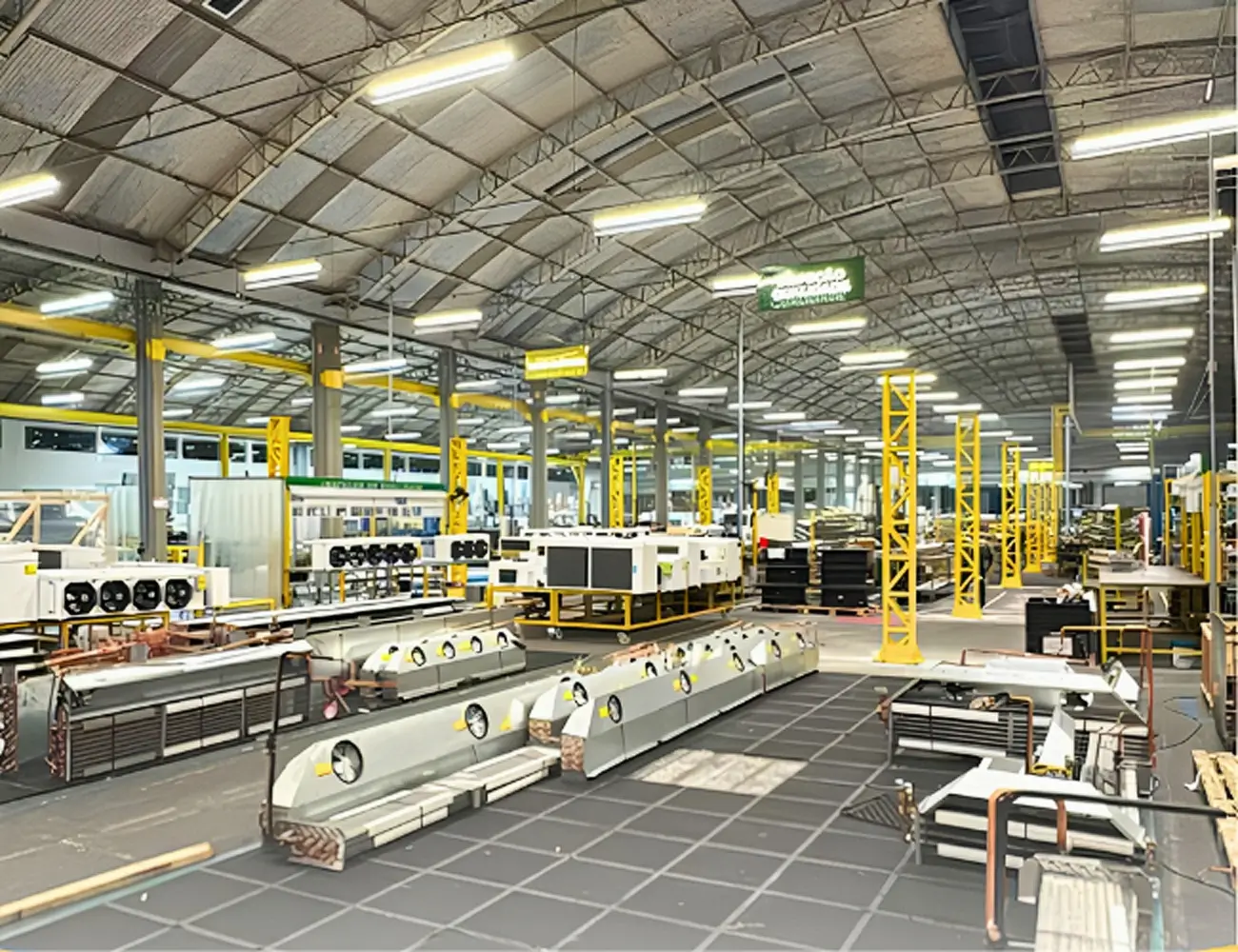 Ambiente industrial com máquinas e estruturas de produção